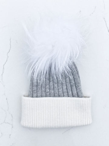 Color Block Gray/White Ribbed Angora Hat